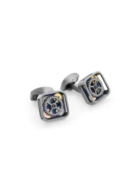 -----------TATEOSSIAN  ---- ------------ ----SQUARE QUATTRO GEAR HAND PAINTED ENAMEL BASE GUNMETAL PLATED CUFFLINKS --