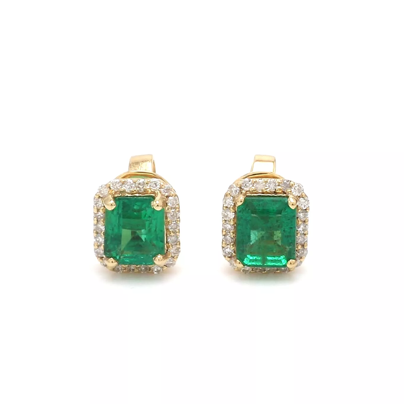 14K & 18K Gold Emerald and Halo Diamond Stud Earrings