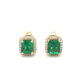 14K & 18K Gold Emerald and Halo Diamond Stud Earrings