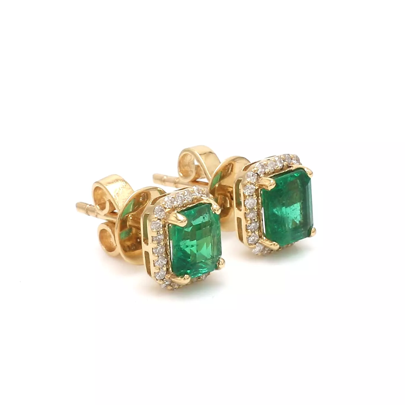 14K & 18K Gold Emerald and Halo Diamond Stud Earrings