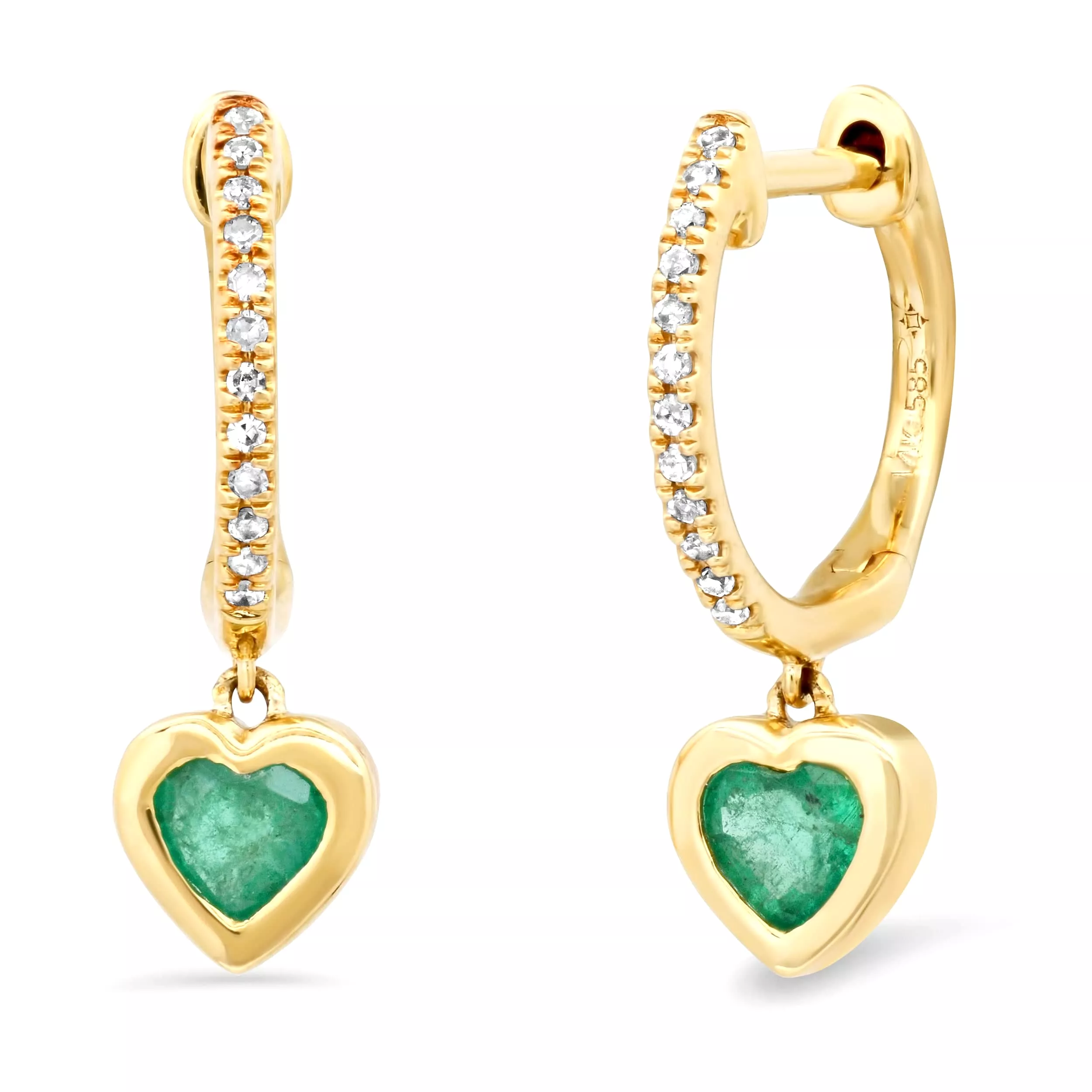 14K Gold and Diamond Emerald Heart Drop Hoops Earrings