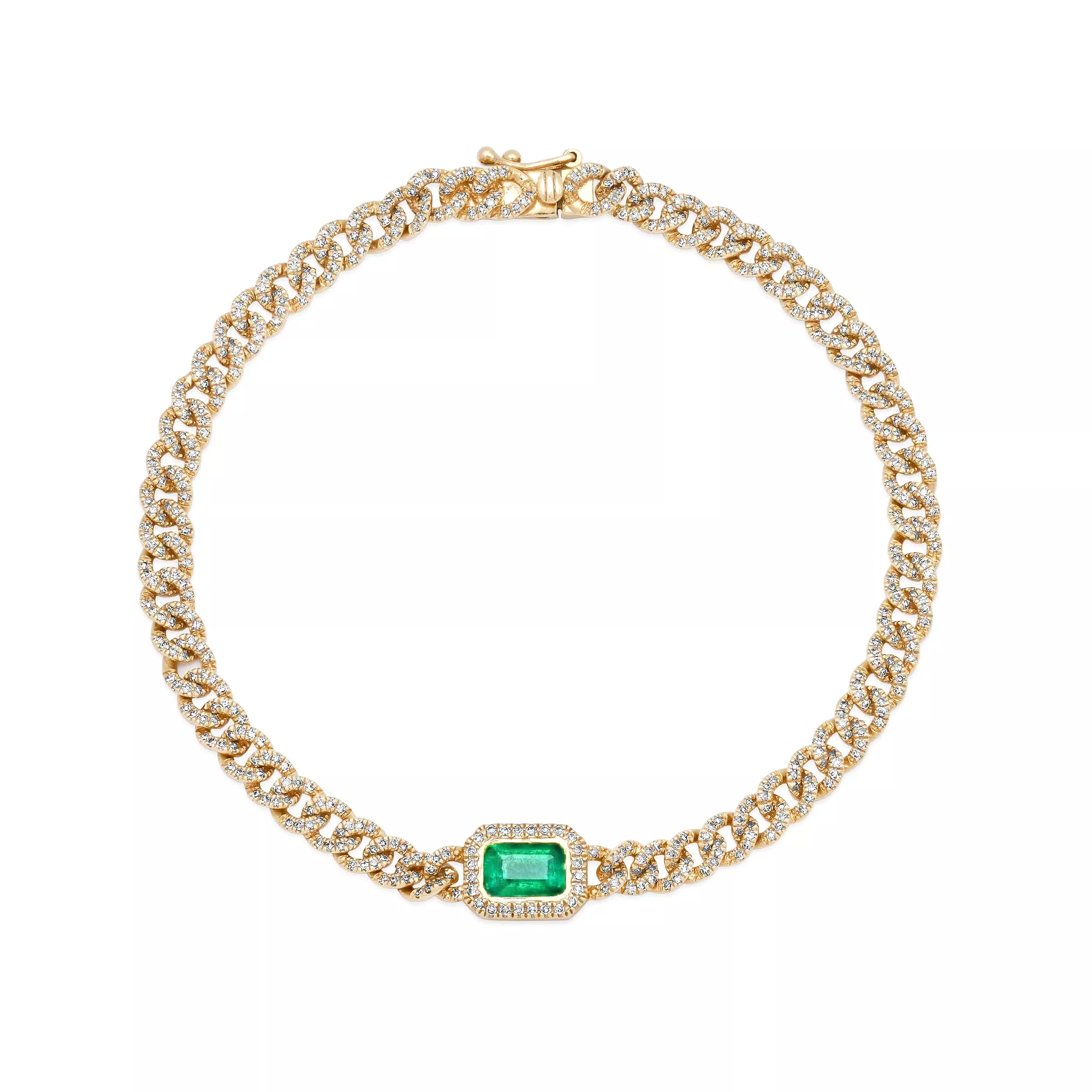 14K Gold Emerald and Pave-Diamond Cuban Link Chain Bracelet