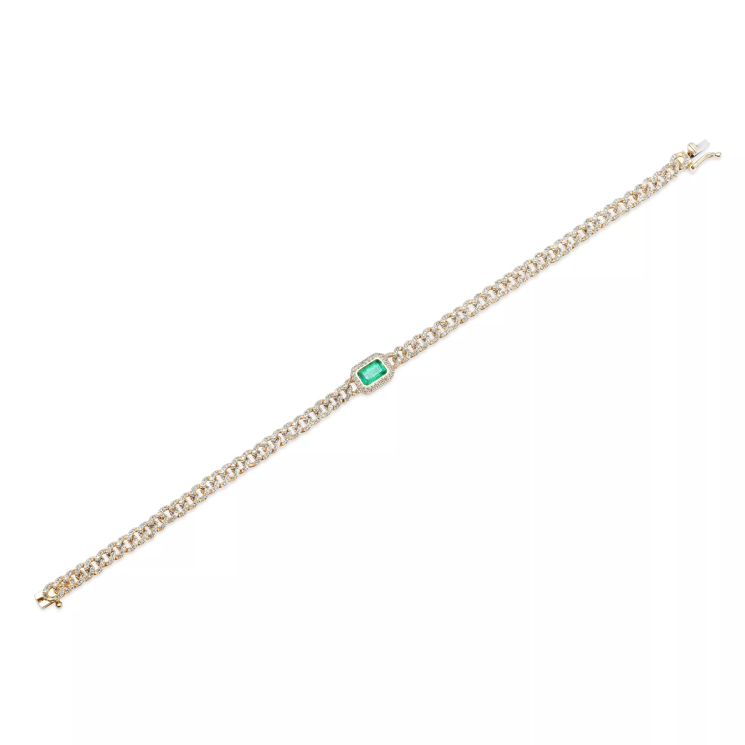 14K Gold Emerald and Pave-Diamond Cuban Link Chain Bracelet