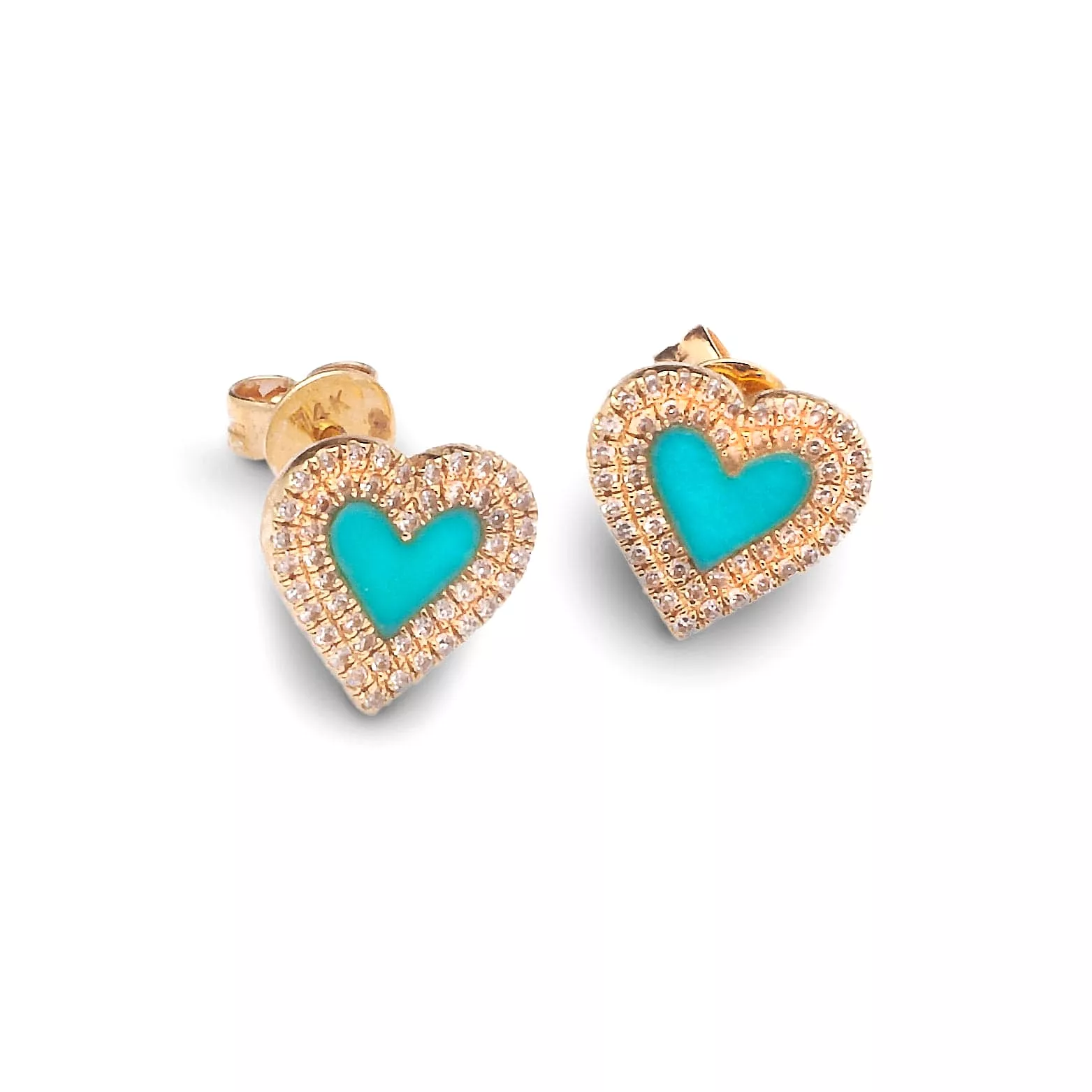 14K Gold Turquoise and Diamond Double Row Heart Stud Earrings