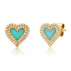 14K Gold Turquoise and Diamond Double Row Heart Stud Earrings