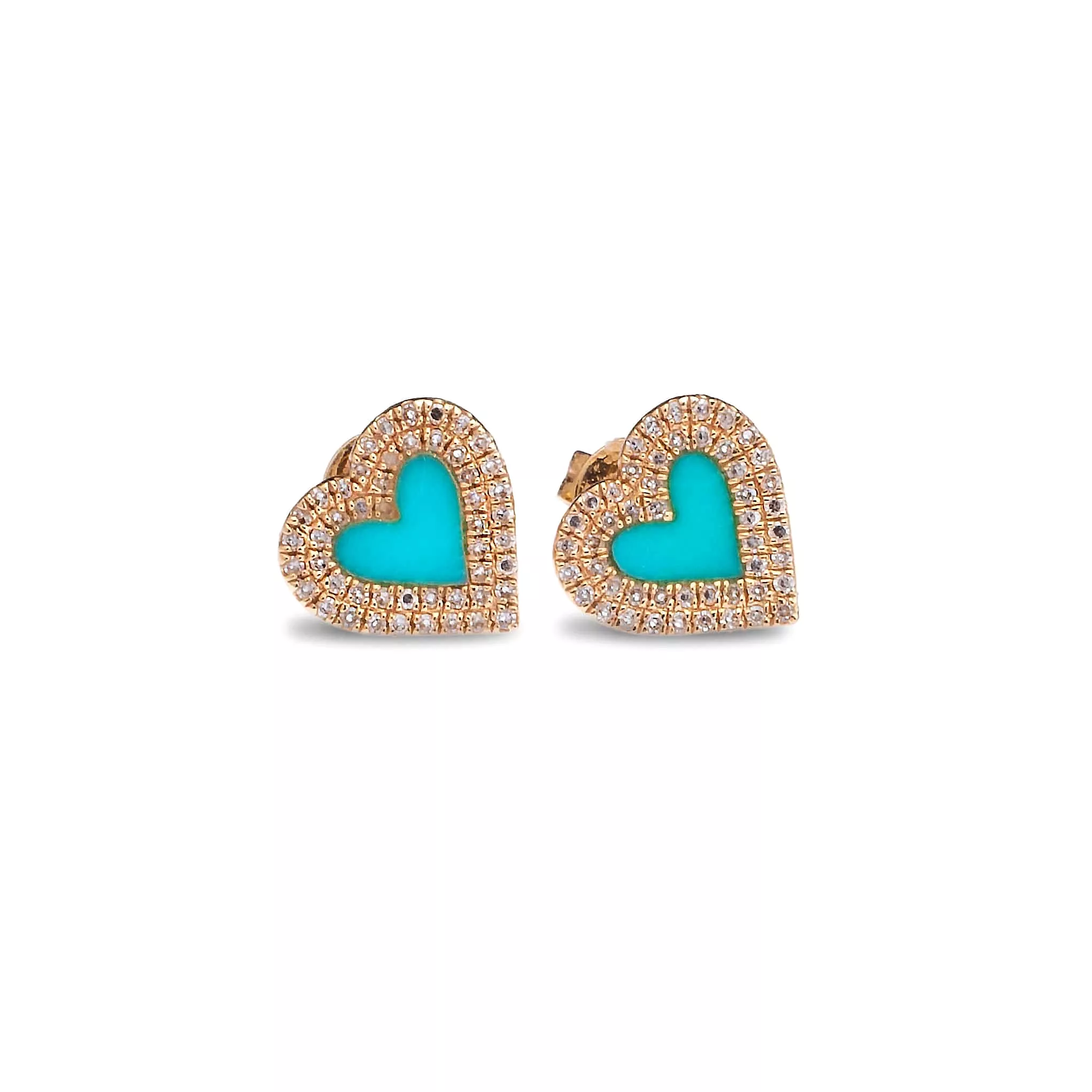 14K Gold Turquoise and Diamond Double Row Heart Stud Earrings