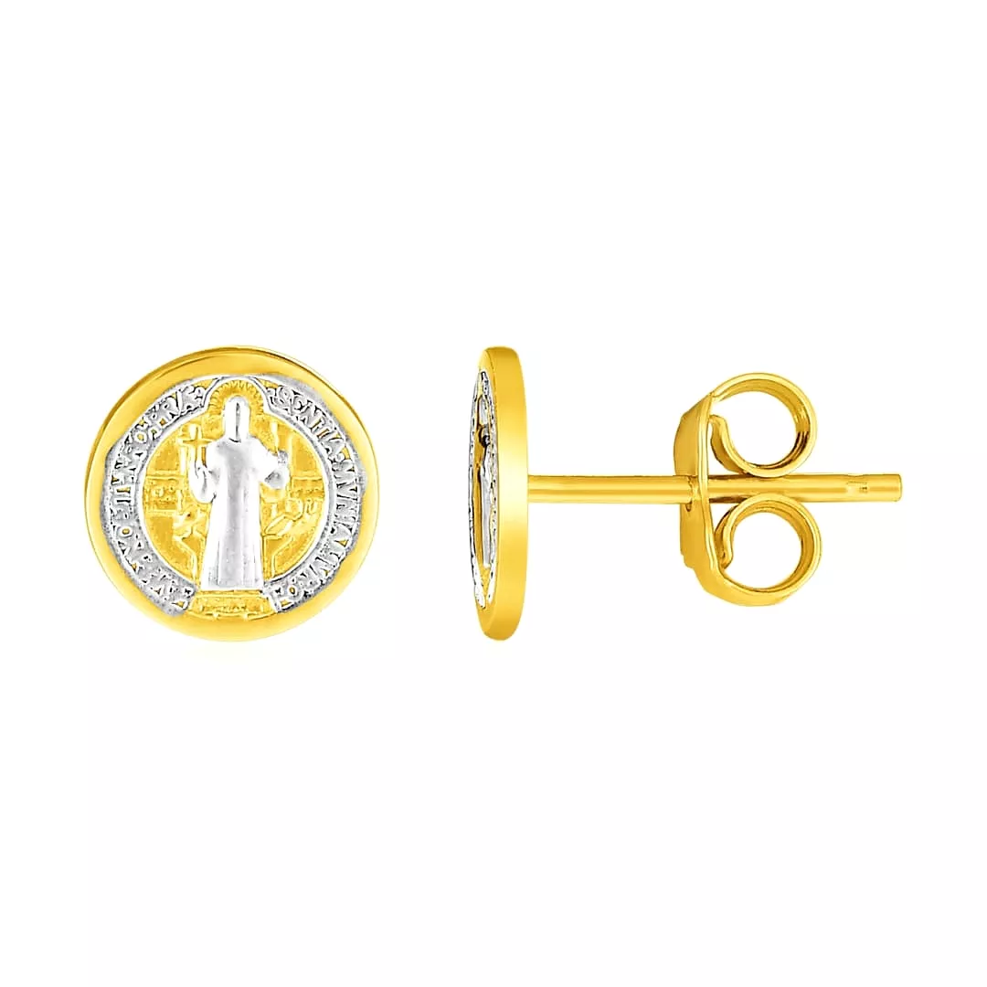 14k Two Tone Gold Round Religious Medal Post Earrings