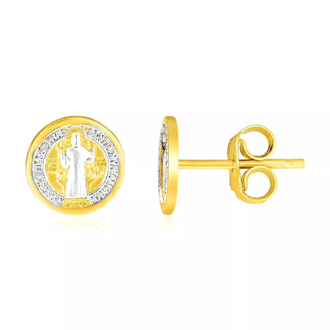 14k Two Tone Gold Round Religious Medallion Post Earrings