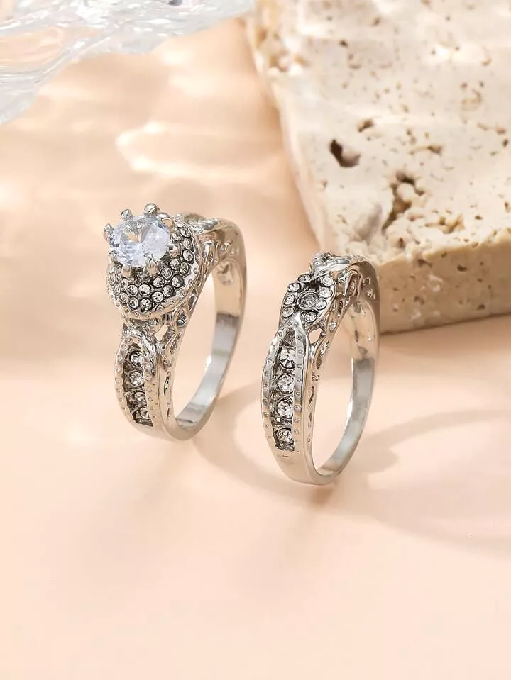 2pcs/Set Cubic Zirconia Decor Ring Female Big Stone Size 6- S4891334