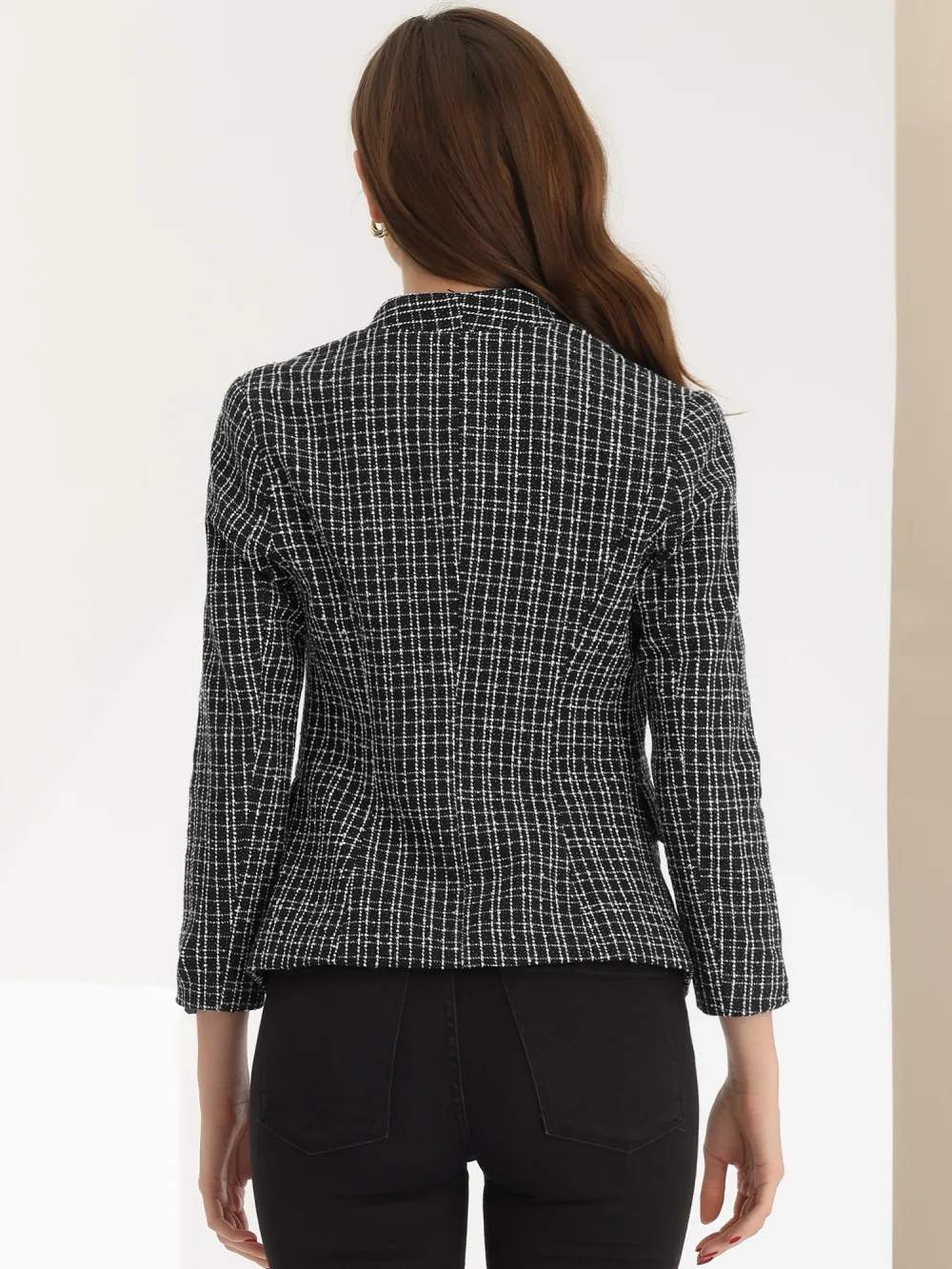 Allegra K- Plaid Tweed Long Sleeve Blazer Jackets