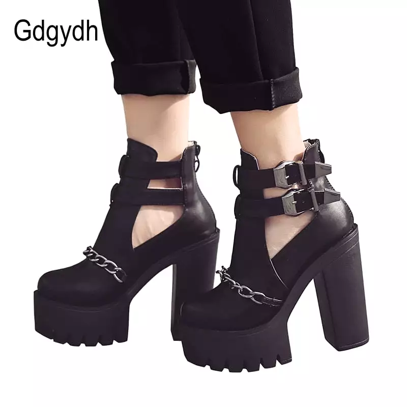 Ankle Boots for Women High Heels Casual Cut-outs Buckle Round Toe Chain Thick Heels Platform Shoes