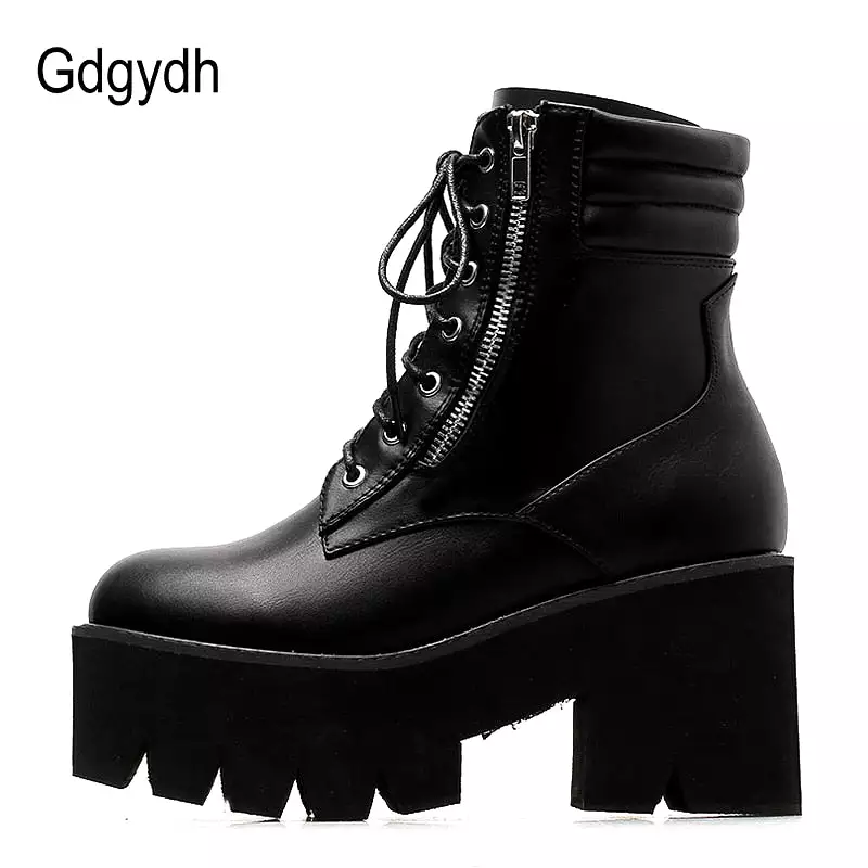 Ankle Boots For Women Motorcycle Boots Chunky Heels Casual Lacing Round Toe Platform Boots Shoes Female