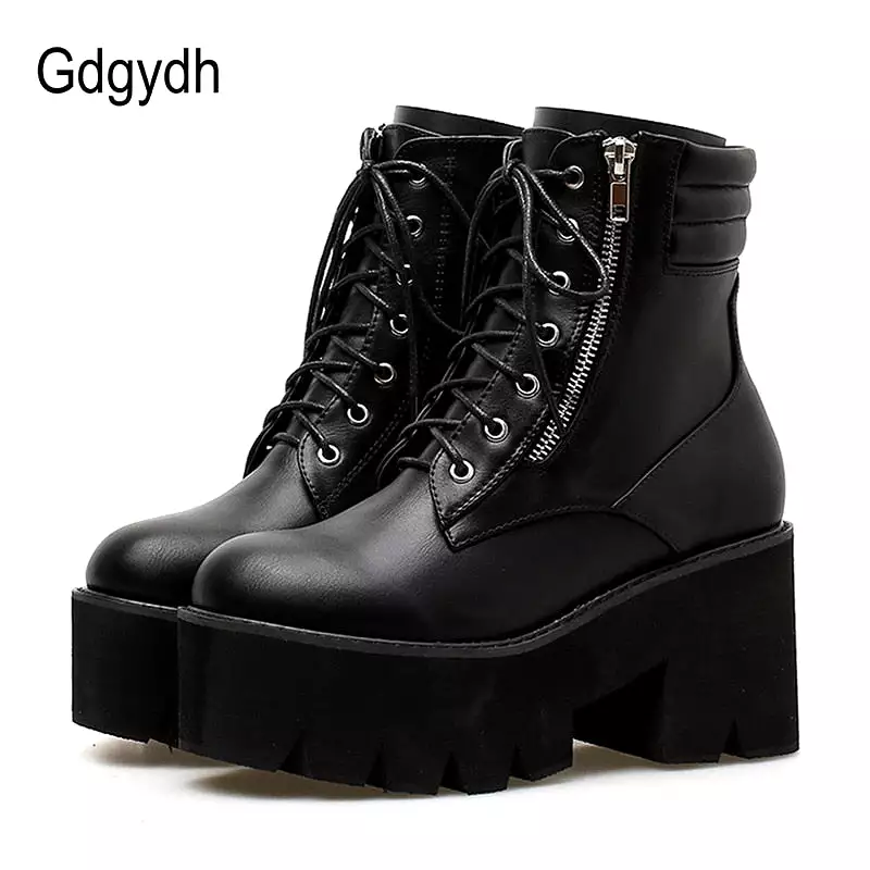 Autumn Ankle Boots For Women Motorcycle Boots Chunky Heels Casual Lacing Round Toe Platform Boots Shoes Female