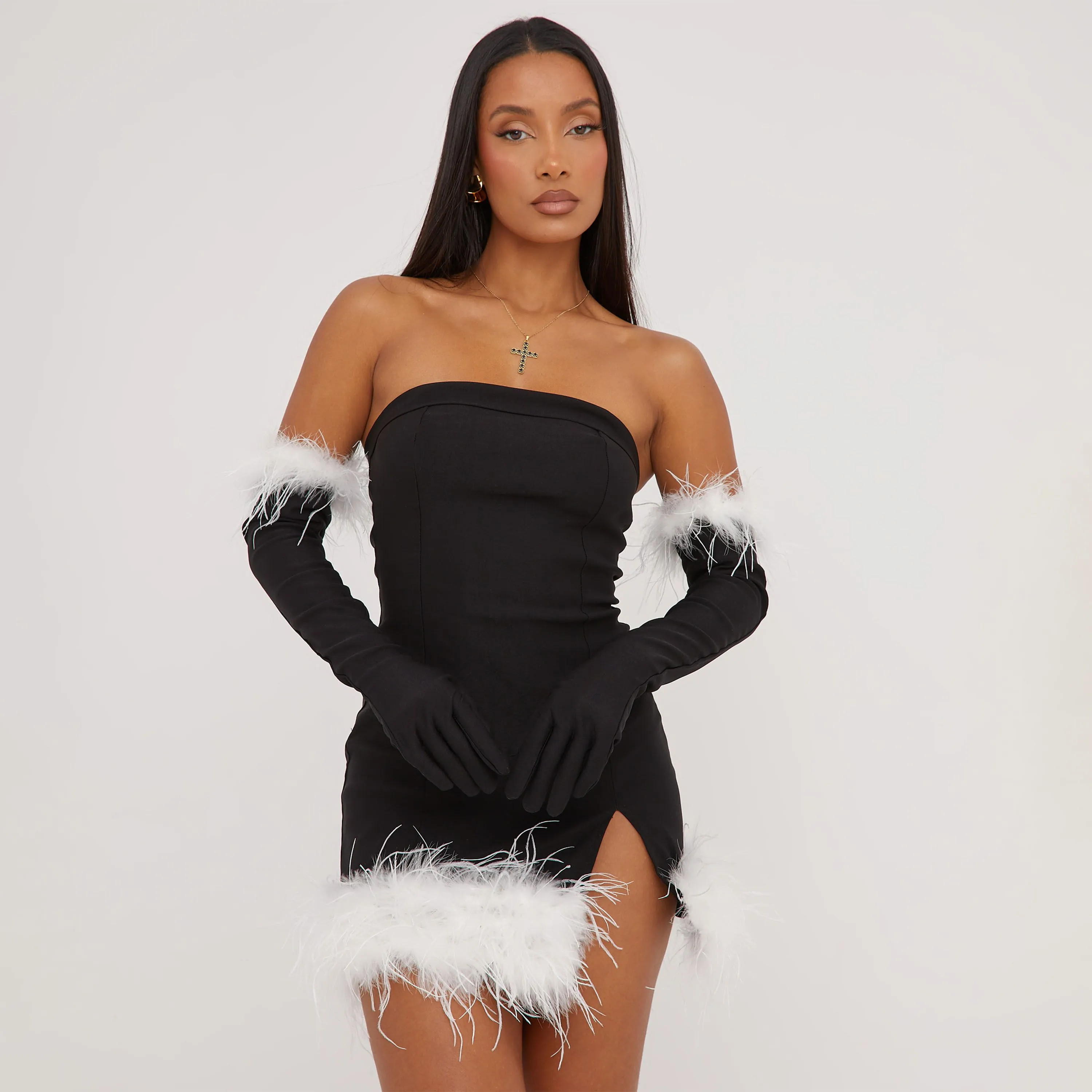 Bandeau Contrast Faux Feather Trim Detail Split Leg Mini Bodycon Dress With Gloves In Black