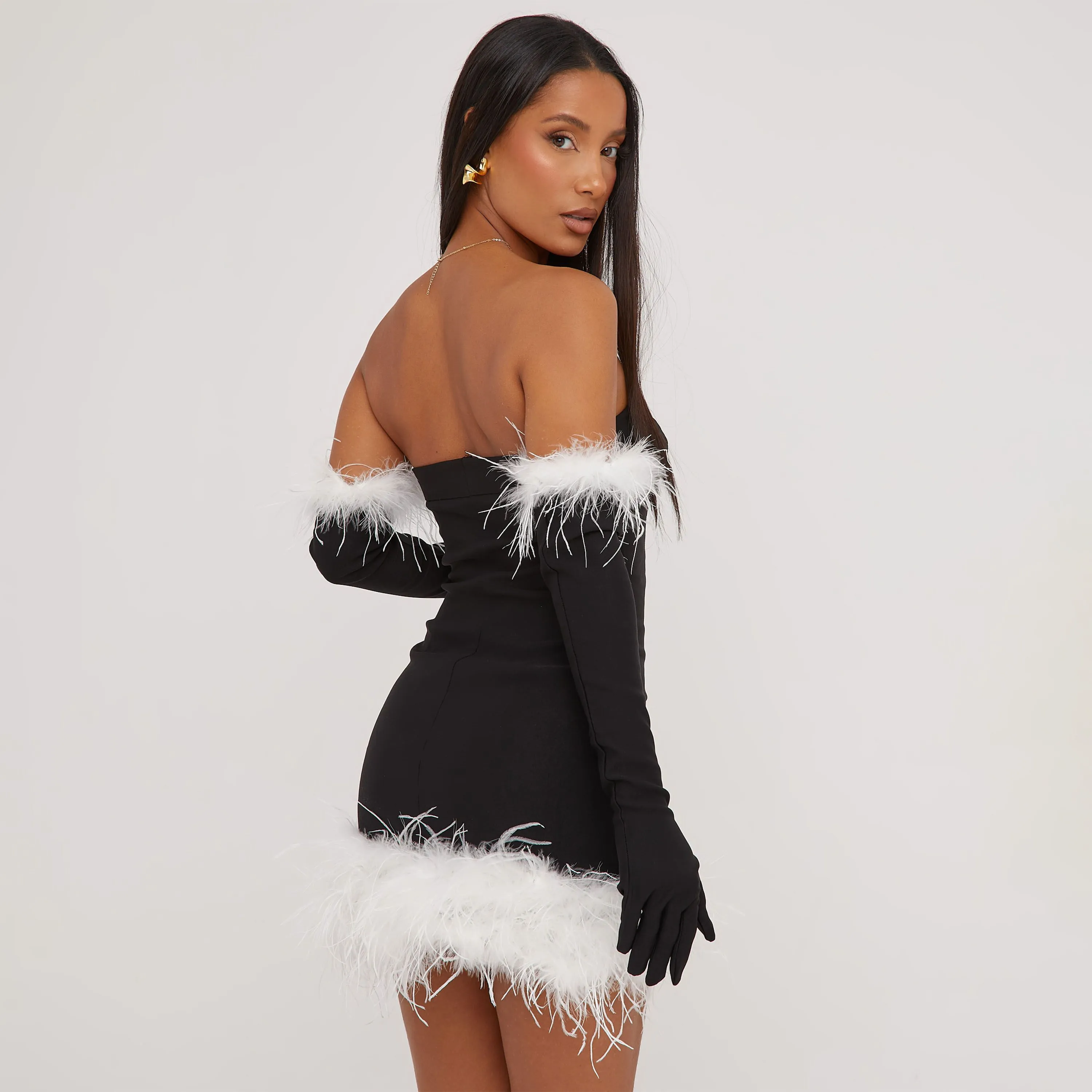 Bandeau Contrast Faux Feather Trim Detail Split Leg Mini Bodycon Dress With Gloves In Black