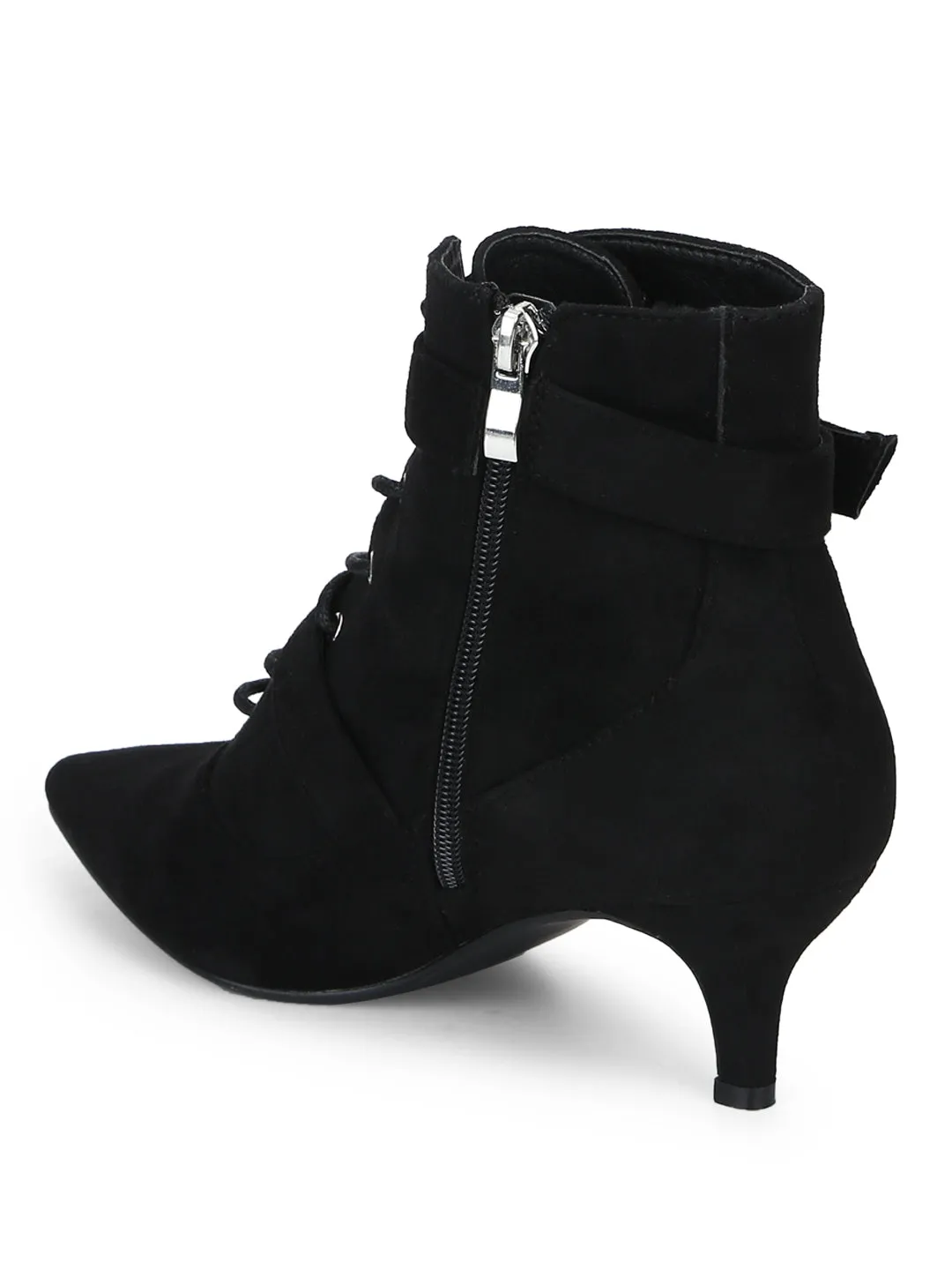 Black Micro Double Buckle Lace-up Ankle Boots