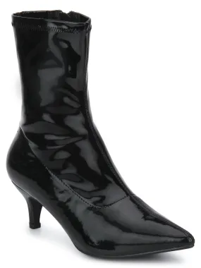 Black Patent Low Heel Sock Ankle Boots