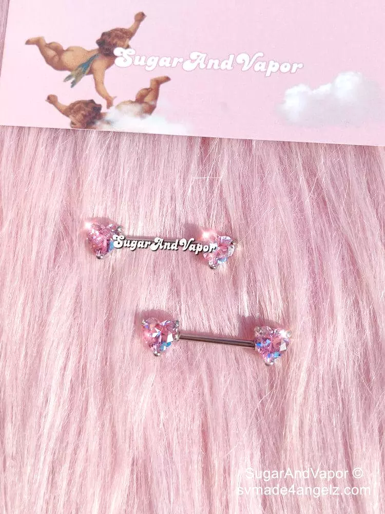 Bling Pink Hearts Crystals Barbell Nipple Rings Set