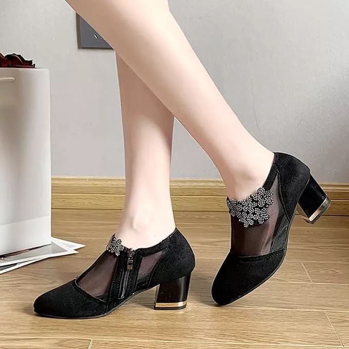 Block Heel Fashionable Net Ankle Boots Casual Shoes Elegant Women's Party Shoes