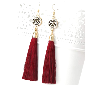 Burgundy Tassel Earrings with Gold and Crystal Flower Charm