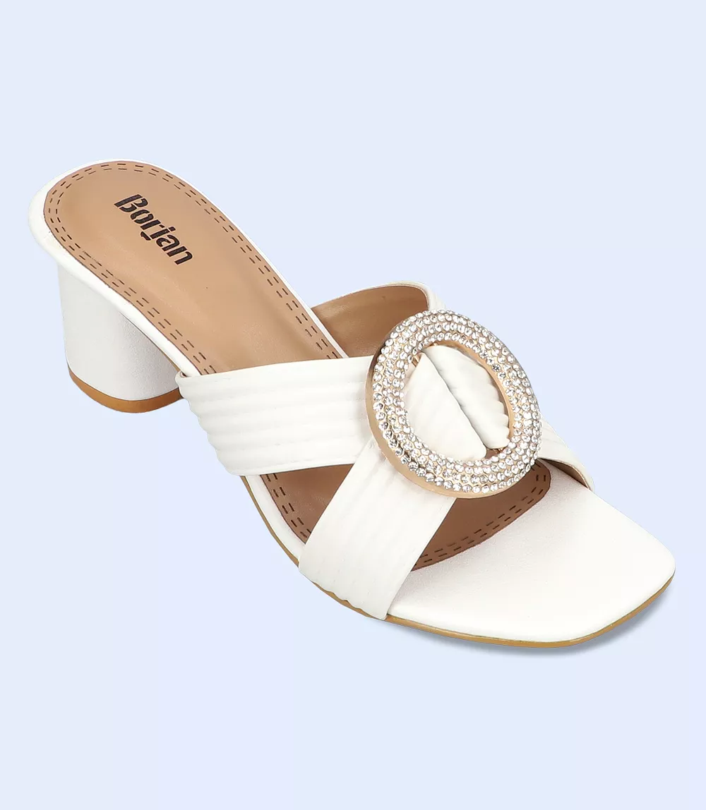 BW9363-WHITE-Women Casual Slipper Heels