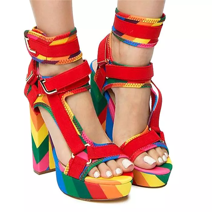 Canvas Rainbow Ankle Strap Chunky Heel Sandals