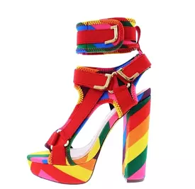 Canvas Rainbow Ankle Strap Chunky Heel Sandals