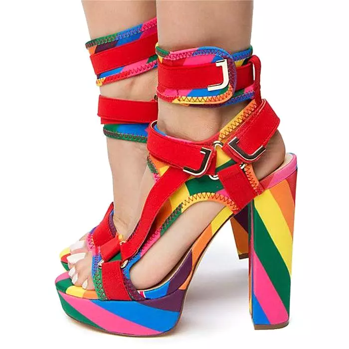 Canvas Rainbow Ankle Strap Chunky Heel Sandals