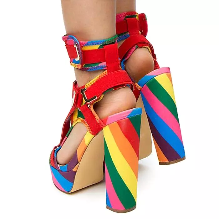 Canvas Rainbow Ankle Strap Chunky Heel Sandals