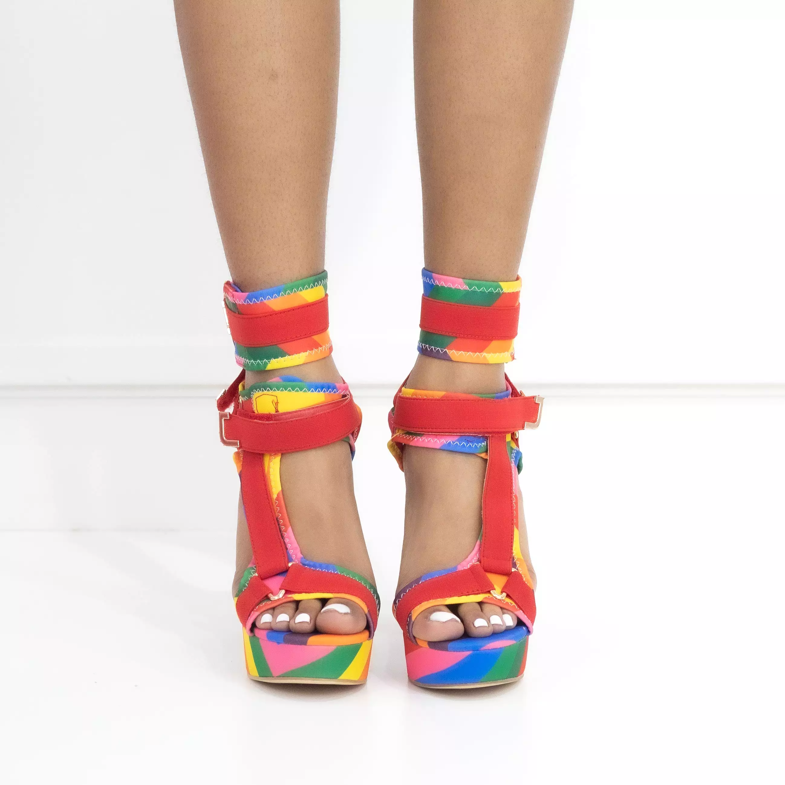 Canvas Rainbow Ankle Strap Chunky Heel Sandals