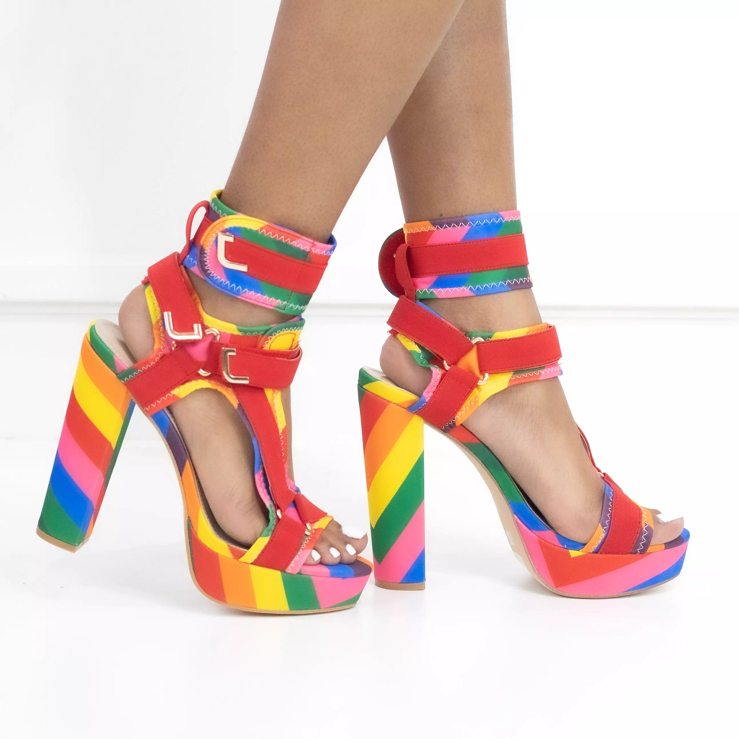 Canvas Rainbow Ankle Strap Chunky Heel Sandals