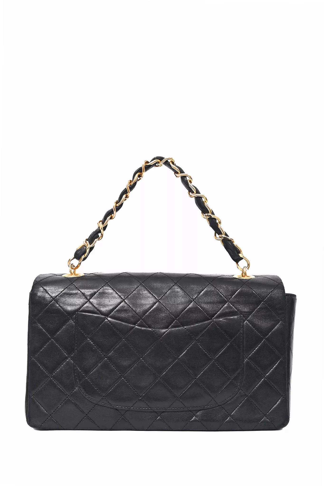 Chanel 1989-91 Black Lambskin Medium Single Flap Chain Top Handle Bag