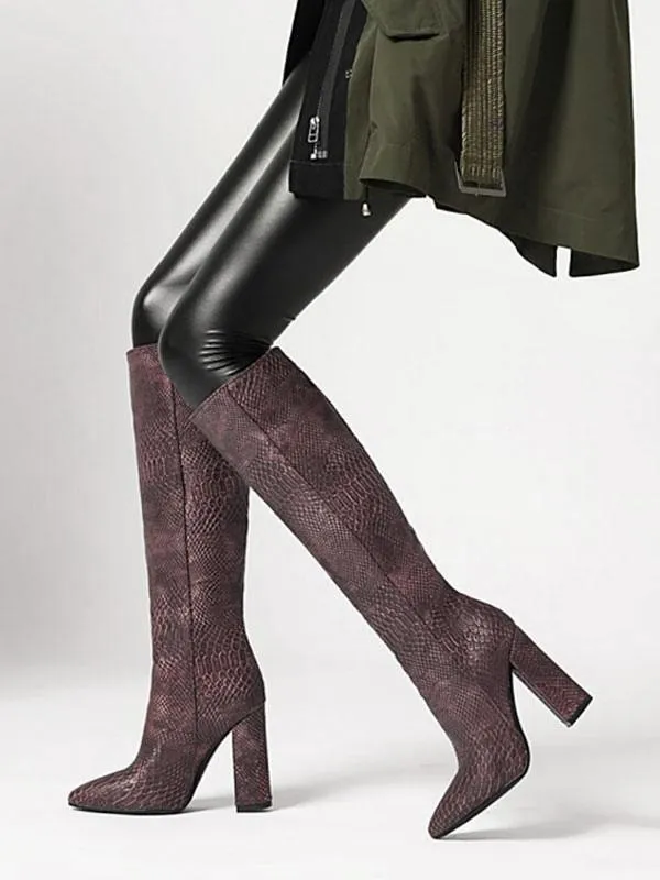 Coffee Brown Knee-High Boots For Women Pointed Toe Chunky Heel Boots