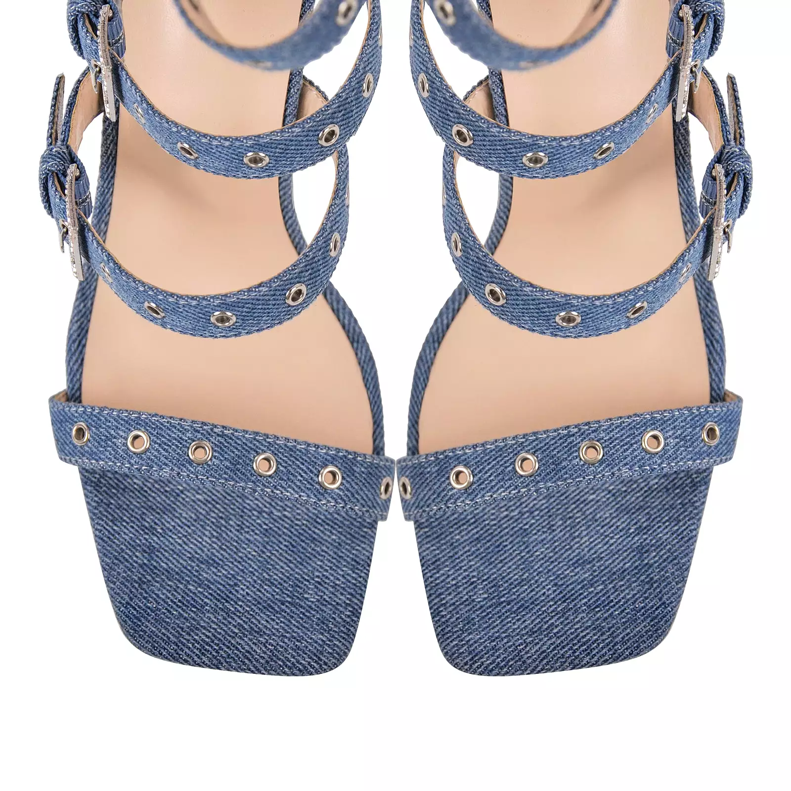 Denim Hollow Buckle Starp Thigh Stiletto Bootie Sandals