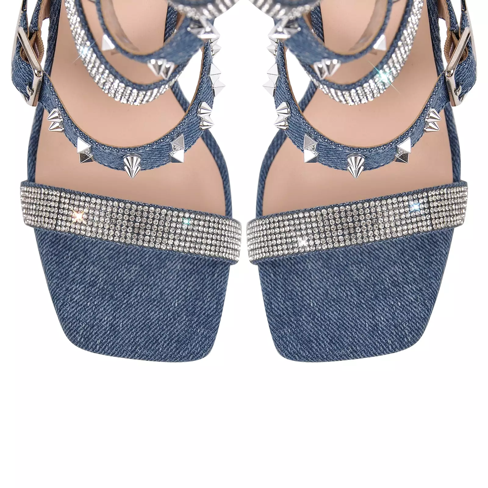 Denim Hollow Rivet Buckle Strap Bootie Sandals