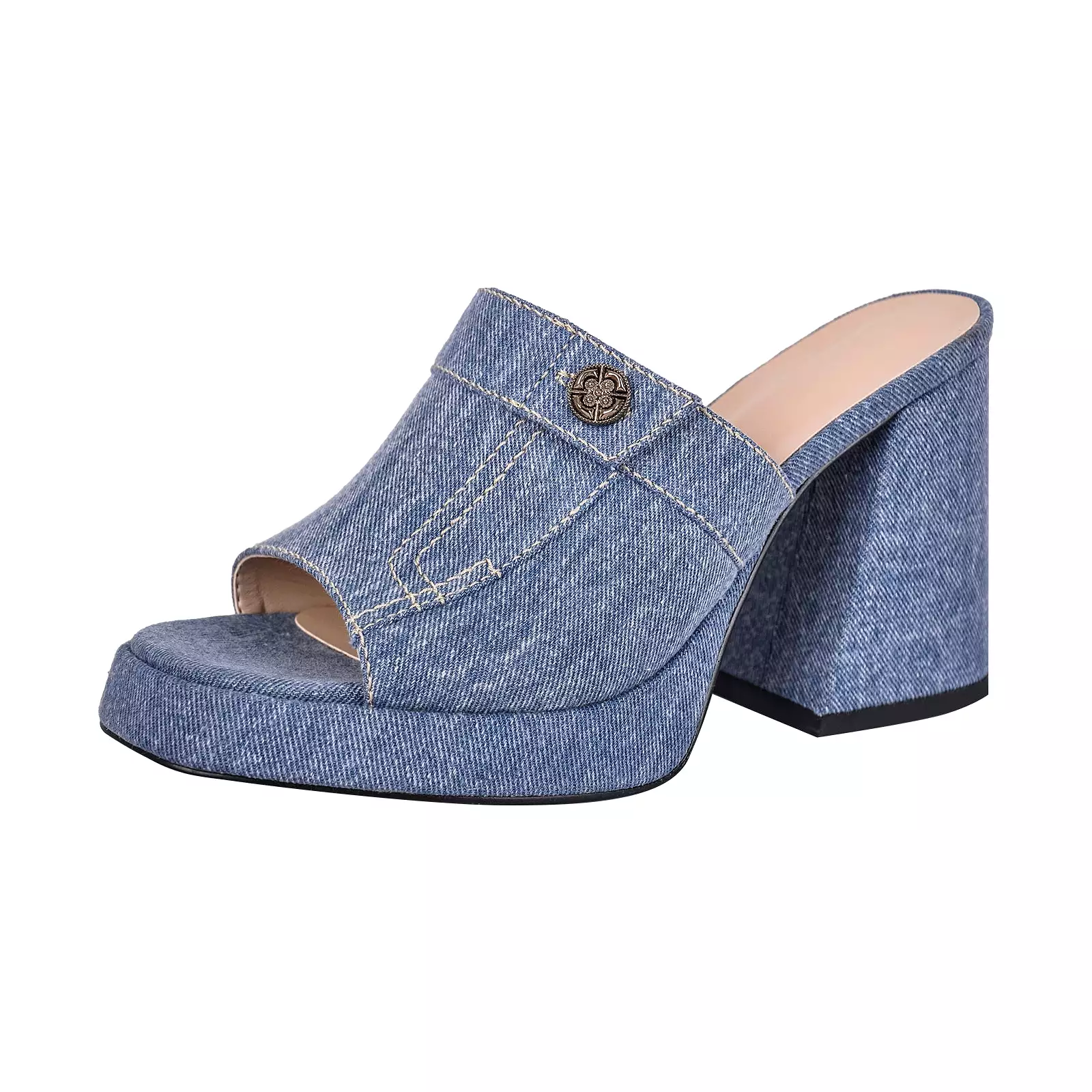 Denim Round Toe Platform Chunky Heel Sandals