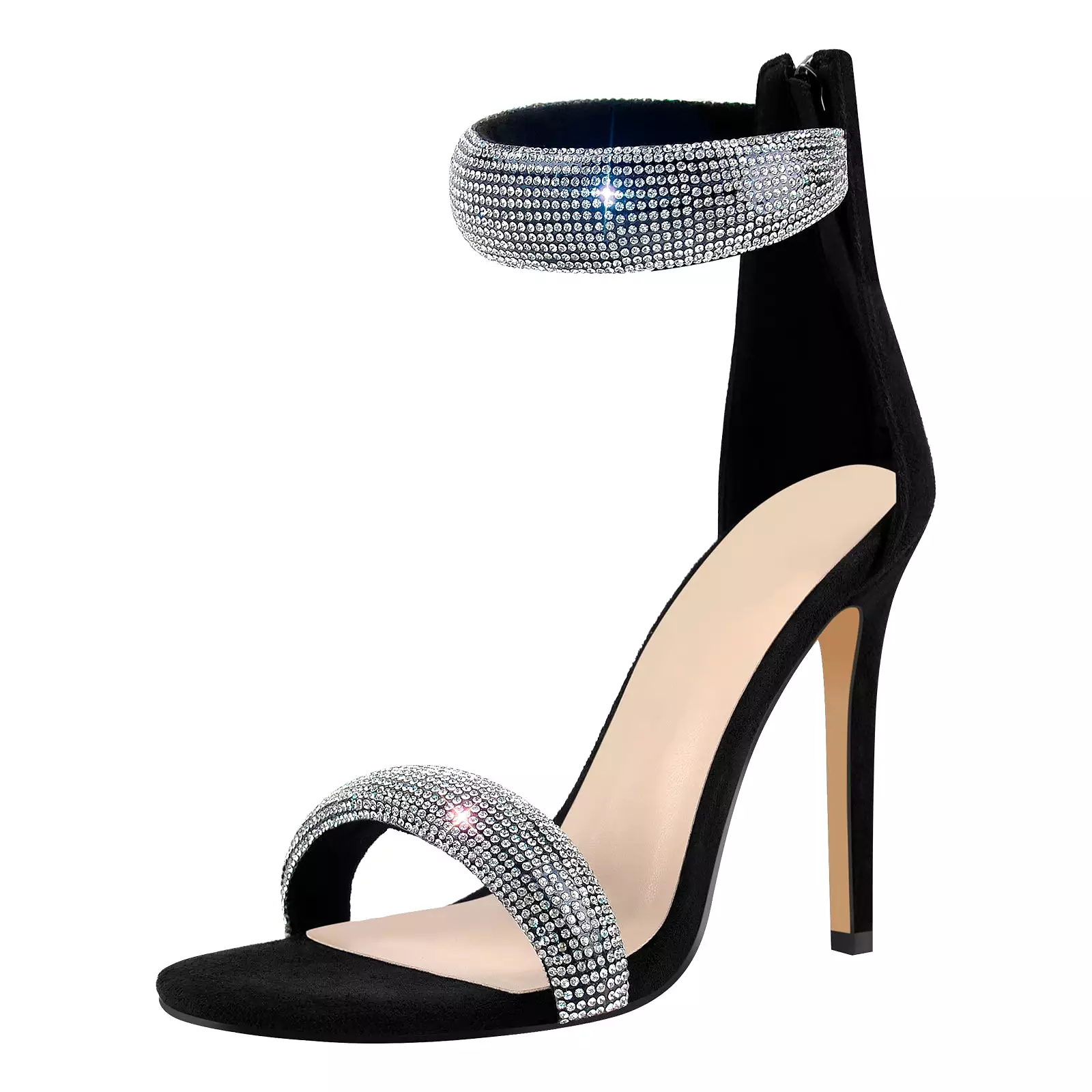 Double Rhinestone Band Zipper Stiletto Sandals