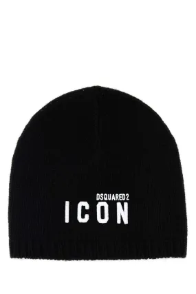 Dsquared Black Wool Blend Beanie Hat