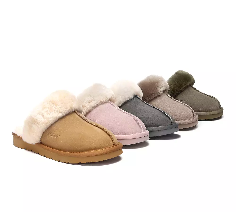 EVERAU UGG Sheepskin Wool Suede Scuff Slippers Muffin