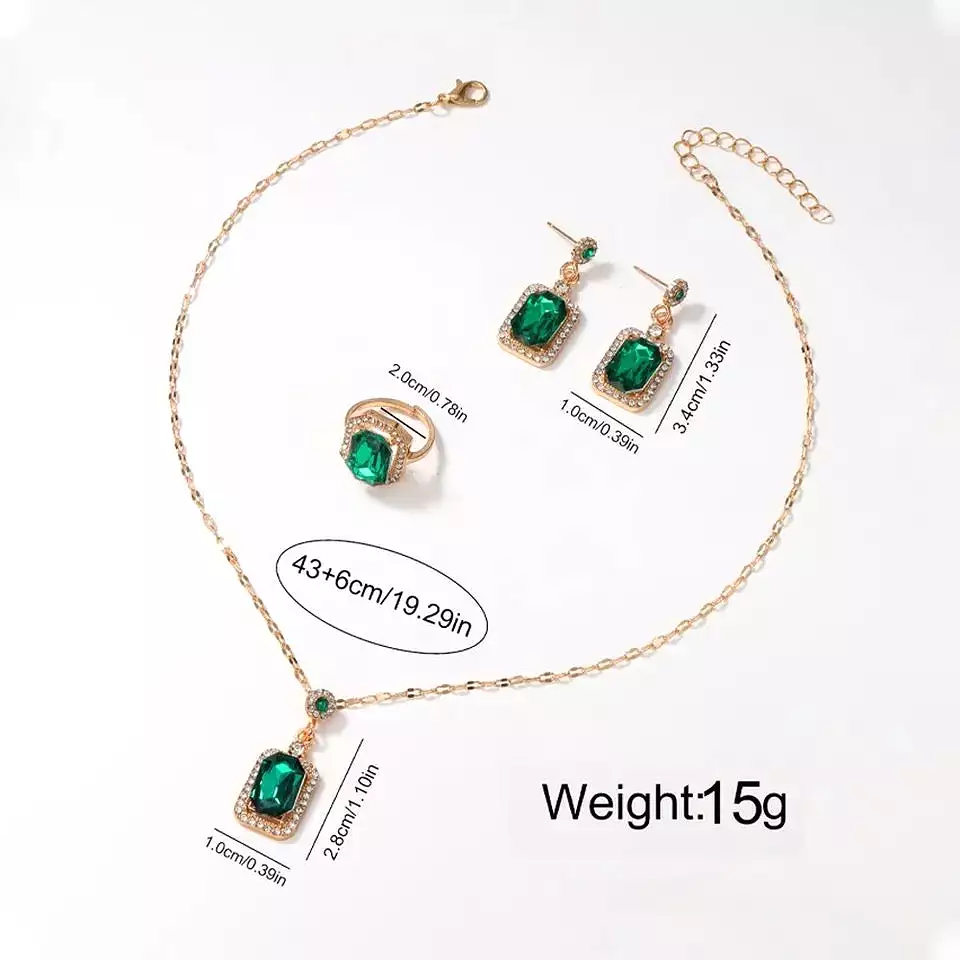 Fashion and Exquisite Rectangular Green Jewelry Necklace Earrings Ring S4405022