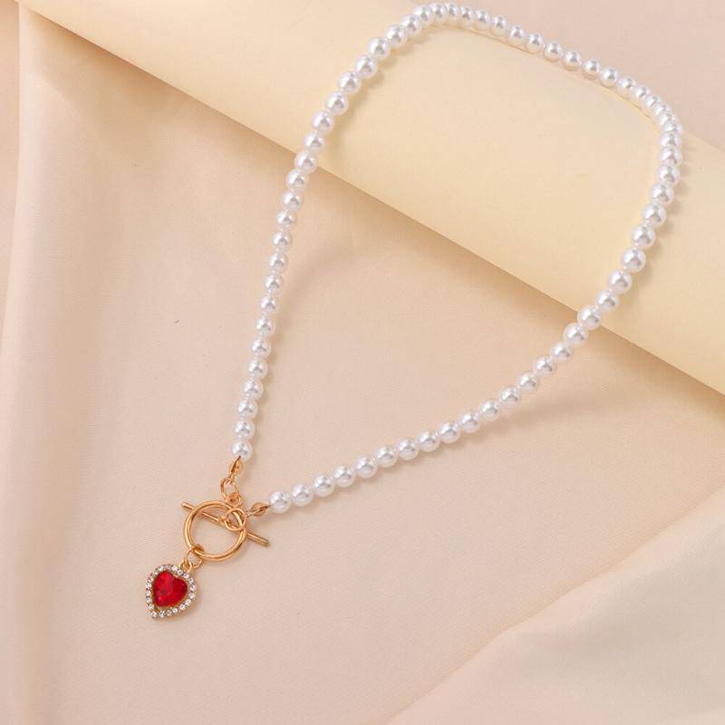 Faux Pearl Chain Rhinestone Heart Pendant Necklaces