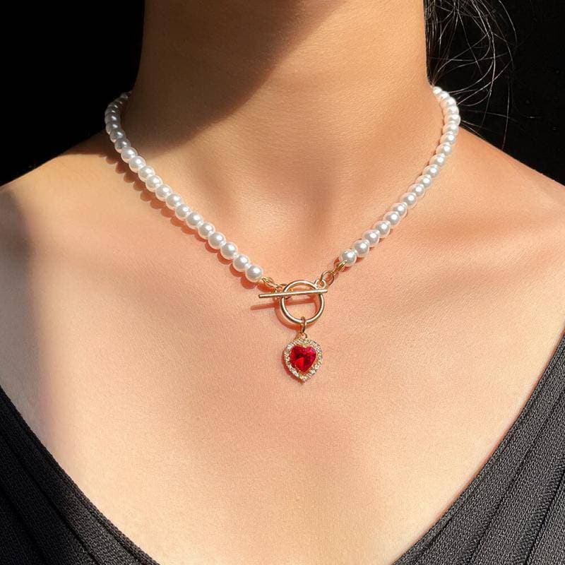 Faux Pearl Chain Rhinestone Heart Pendant Necklaces