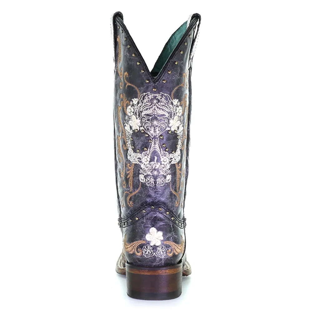 Floral Embroidery & Studs Square Toe Cowboy Boots