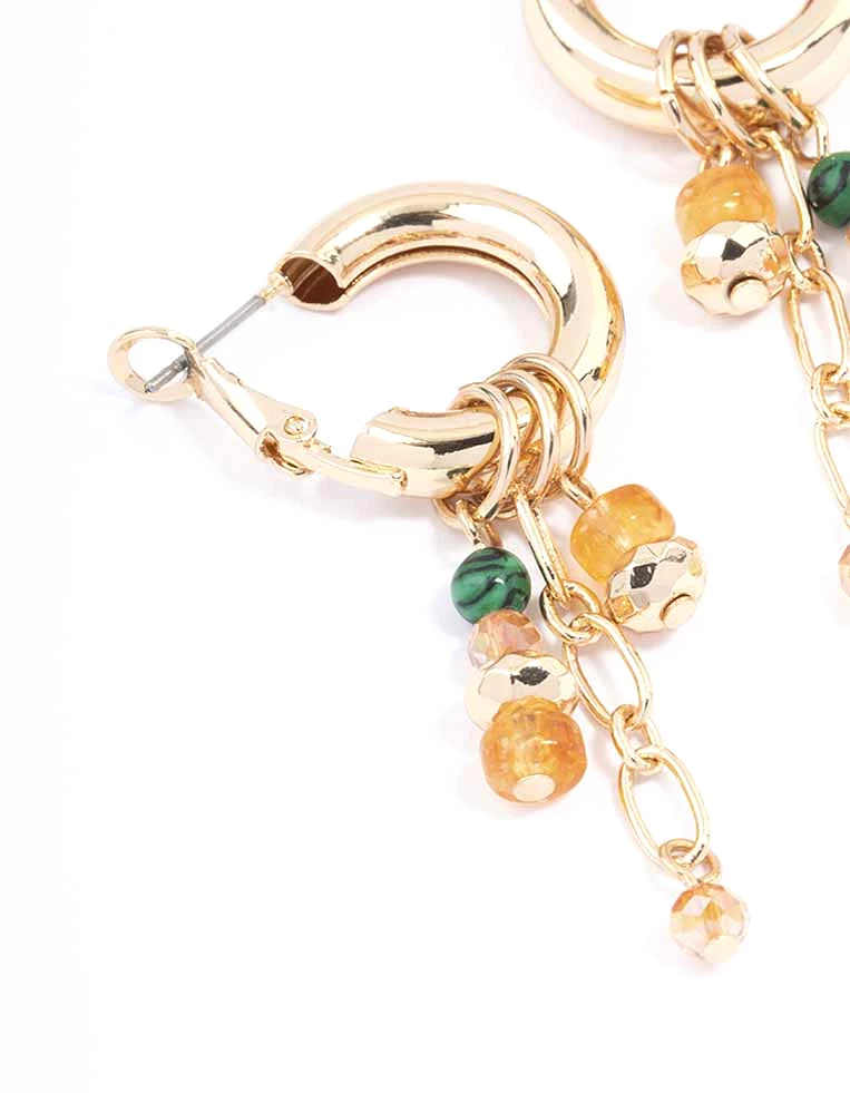 Gold Beaded Charm Chain Hoop Earrings