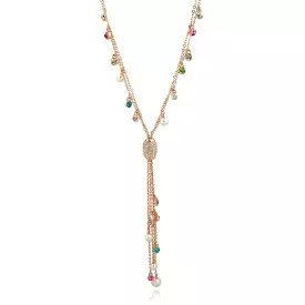 Gold Chain Lariat with Multi Colored Crystals and Tassel