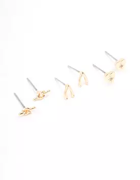 Gold Cubic Zirconia Mixed Charm Stud Earrings 3-Pack