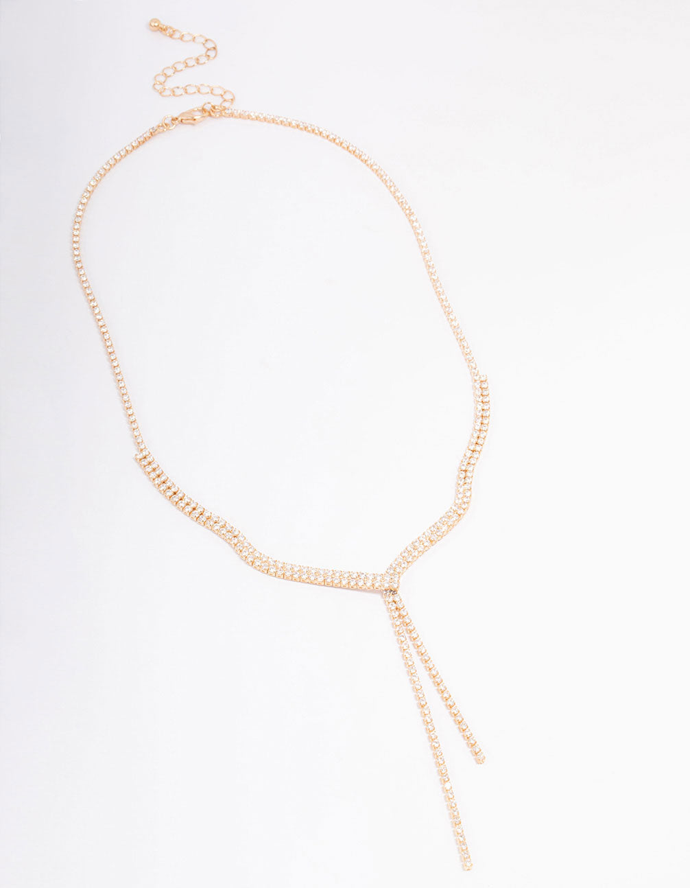 Gold Fine Ribbon Cubic Zirconia Lariat Necklace