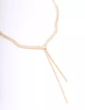 Gold Fine Ribbon Cubic Zirconia Lariat Necklace