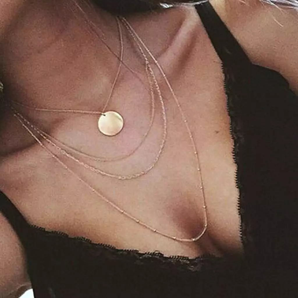 Gold Layered Disc and Chain Long Necklace