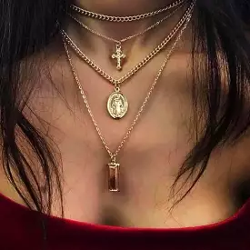 Gold Layered Mother Mary and Cross Necklace